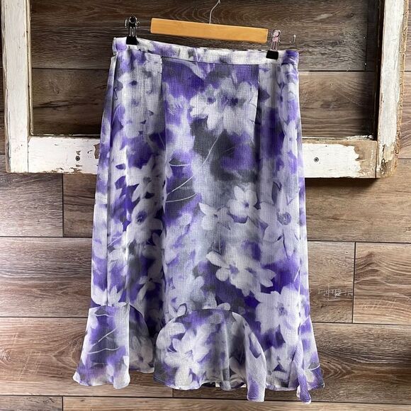 ALFRED DUNNER Ladies Midi Flowy Floral Ruffled Hem Skirt,10 Petite, Purple/white - Picture 2 of 7